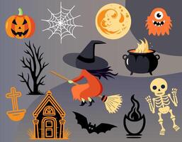Halloween set witch, pumpkin, monster, skeleton. Set of elements for halloween in cartoon style. vector