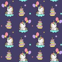 Birthaday party background in cartoon style. Seamless pattern with cute pony with horn vector