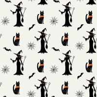 Monochrome halloween pattern with witch and black cat. Witch silhouette. Halloween backgrounds, seamless pattern. vector