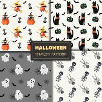 Set of seamless halloween patterns with witch, pumpkin, cauldron, skeletons, ghost, cat. Halloween backgrounds vector