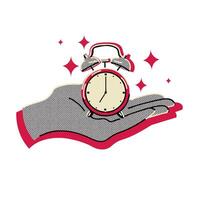 Hand holding alarm clock halftone doodle sketch vector