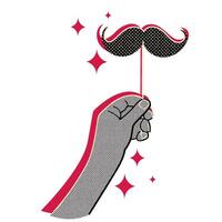 Hand holding cardboard moustache on stick halftone doodle sketch vector