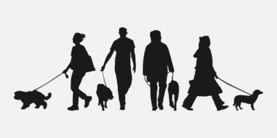 set of silhouettes of people and dogs walking. front, side, back view. isolated on white background. graphic illustration. vector