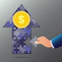 Hand holding part of puzzle completes money arrow sign vector