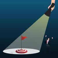 Hand holding a flashlight helping businessman finding the red flag target design illustration vector