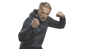 Senior Man in Black Hoodie Practicing Self-Defense Techniques png