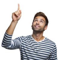homem dentro listrado camiseta apontando para cima com uma sorridente expressão png