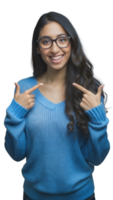 Smiling Woman In Blue Sweater Pointing At Herself In Front Of Transparent Background png