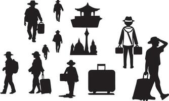 Tourist with suitcase black and white image of a man and woman with luggage vector