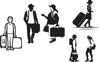 Tourist with suitcase black and white image of a man and woman with luggage vector