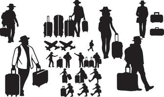 Tourist with suitcase black and white image of a man and woman with luggage vector