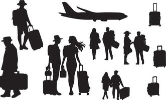 Tourist with suitcase black and white image of a man and woman with luggage vector