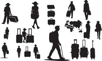 Tourist with suitcase black and white image of a man and woman with luggage vector