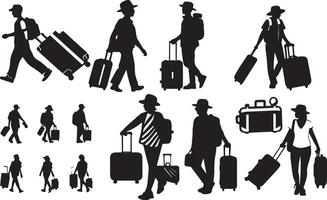 Tourist with suitcase black and white image of a man and woman with luggage vector