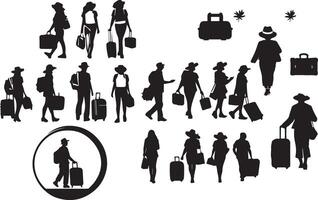 Tourist with suitcase black and white image of a man and woman with luggage vector