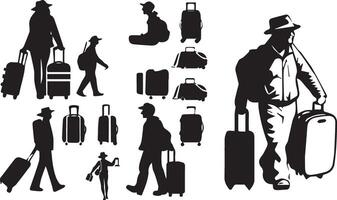 Tourist with suitcase black and white image of a man and woman with luggage vector