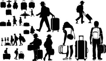 Tourist with suitcase black and white image of a man and woman with luggage vector