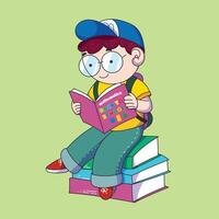 a cartoon of a boy reading a book with glasses reading a book. back to school. vector
