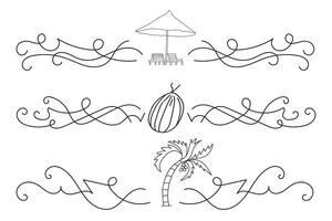 Fancy Lines summer flourish Elegant dividers, hand drawn sunset and sunrise tropical beach ornate text divider, beach vibes Thin line calligraphy page separator decorative element vector