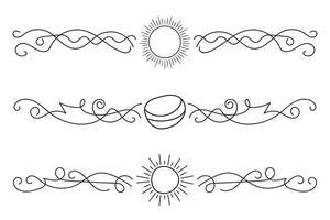 Fancy Lines summer flourish Elegant dividers, hand drawn sunset and sunrise tropical beach ornate text divider, beach vibes Thin line calligraphy page separator decorative element vector