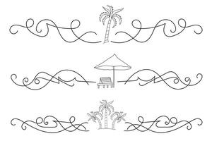 Fancy Lines summer flourish Elegant dividers, hand drawn sunset and sunrise tropical beach ornate text divider, beach vibes Thin line calligraphy page separator decorative element vector