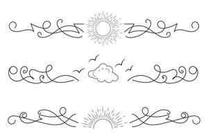 Fancy Lines summer flourish Elegant dividers, hand drawn sunset and sunrise tropical beach ornate text divider, beach vibes Thin line calligraphy page separator decorative element vector
