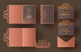 Wedding invitation template with square gate pleats and laser cutting. Design for laser cutting or die cutting templates. Ornate wedding invitation mockup. vector