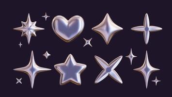 Set of 3D shapes in chrome, including a silver liquid star and a glossy heart sticker in a futuristic metal style. 3D chrome art at its finest. vector