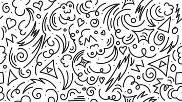 Playful black line doodle seamless pattern. Minimalist and creative art background suitable for children or trendy designs with basic shapes. A simple and whimsical scribble backdrop. vector