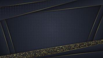 Abstract 3d background with black paper layers. Geometric illustration of carbon sliced shapes textured with golden glittering dots. vector
