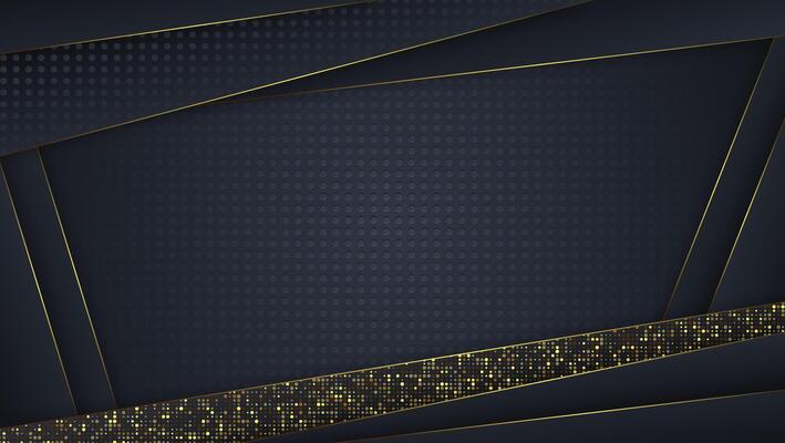 Abstract 3d background with black paper layers. Geometric illustration of carbon sliced shapes textured with golden glittering dots.