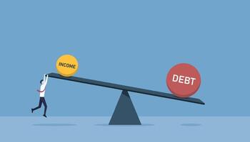 Income and debt with seesaw showing higher debt than income, businessman try to make it in balance vector