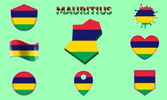 Collection of flat national flags of Mauritius with map vector