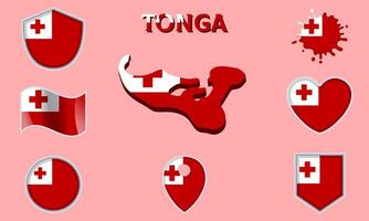Collection of flat national flags of Tonga with map vector