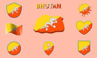 Collection of flat national flags of Bhutan with map vector