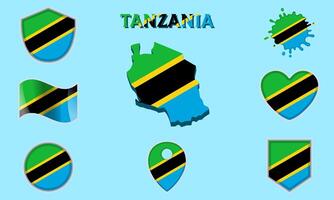 Collection of flat national flags of Tanzania with map vector