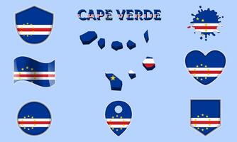 Collection of flat national flags of Cape Verde with map vector