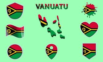 Collection of flat national flags of Vanuatu with map vector