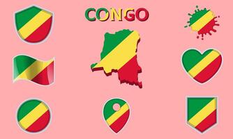 Collection of flat national flags of Congo with map vector