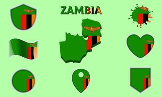 Collection of flat national flags of Zambia with map vector