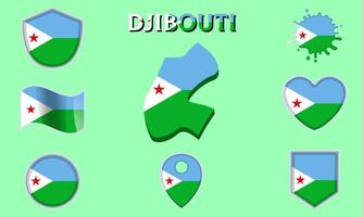 Collection of flat national flags of Djibouti with map vector
