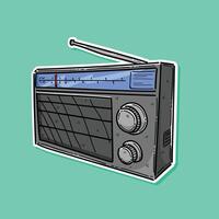 poster for radio station with an old radio receiver and inscription Music radio on the background green. Radio broadcasting banner in retro style. Retro portable radio vector