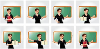 Teacher with different gestures collection, female senior professor, tutor character set, pose sequence. Experienced Young schoolmaster and young education supervisor. different views, gestures, vector