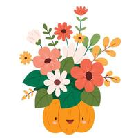 A bouquet of autumn flowers in a funny pumpkin.Seasonal harvest design for greeting or poster. vector
