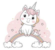 Cute unicorn in Scandinavian style sitting on a rainbow. Line illustration for print..Flat illustration isolated on white background. vector
