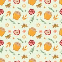 Rosh Hashanah seamless pattern. Bee, honey, apple, pomegranate and star of David on a light green background. illustration for holiday design. vector