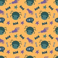 Halloween seamless pattern. Cute spider, zombie hand, star, bones on a yellow background. illustration for packaging, greeting card, wrapping paper, background, holiday design vector