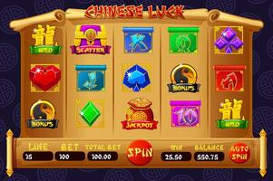 Complete UI for slot games. Chinese-themed Casino Game. The game user interface is cartoon-style with basic buttons and 12 slot symbols vector