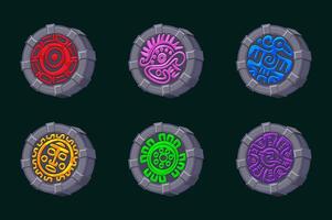 Stone coins or amulets with colored symbols of ancient Aztec civilization and hieroglyphs of the Maya calendar. Symbols for your 2D games or slots vector