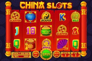 Complete UI for slot games. Chinese-themed Casino Game. Set of 12 Slot symbols. The game user interface is cartoon-style with basic buttons vector